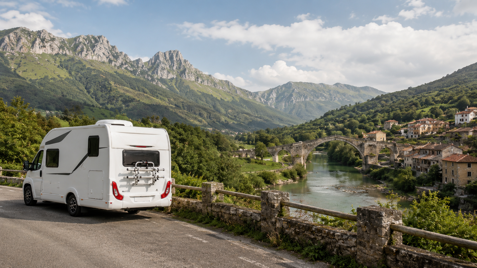 Autocaravana frente a un paisaje de Asturias oriental