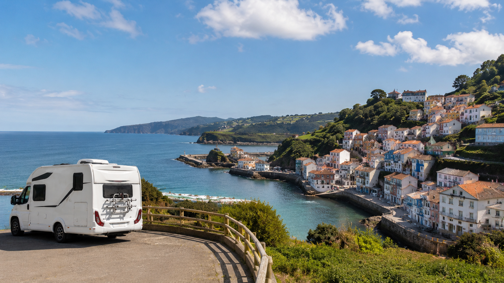 Autocaravana frente a un pueblo costero asturiano