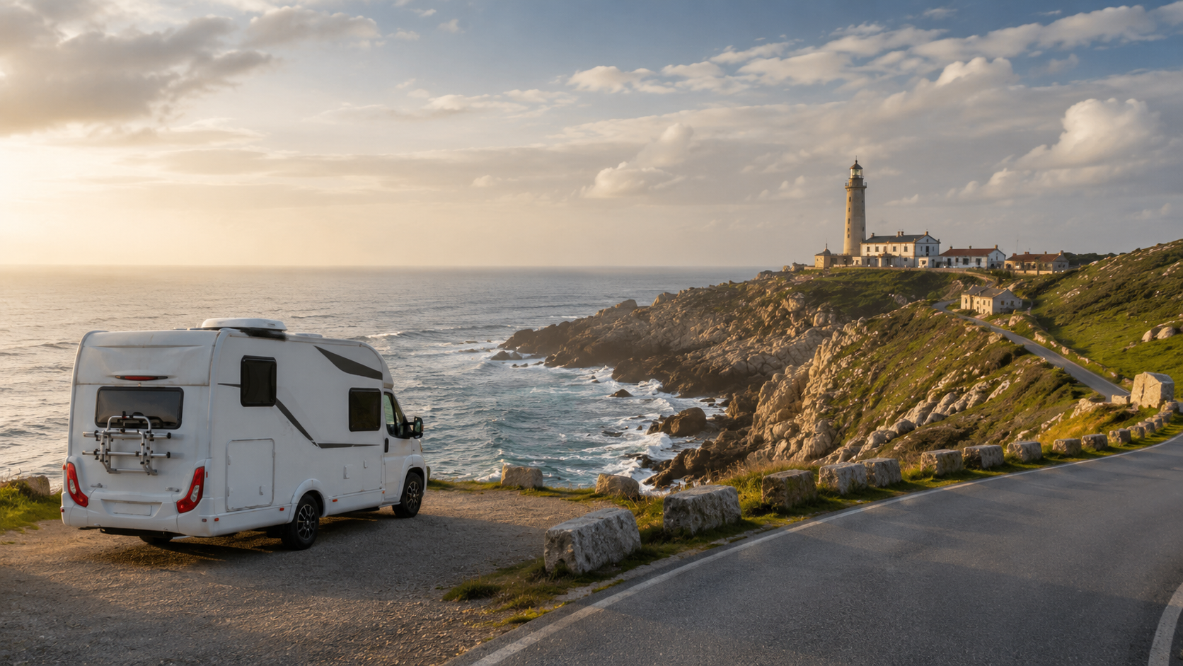 Autocaravana junto a un faro de la Costa da Morte