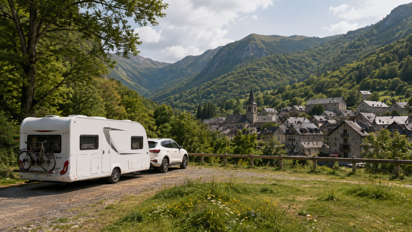 Caravana frente a un pueblo del Pirineo navarro