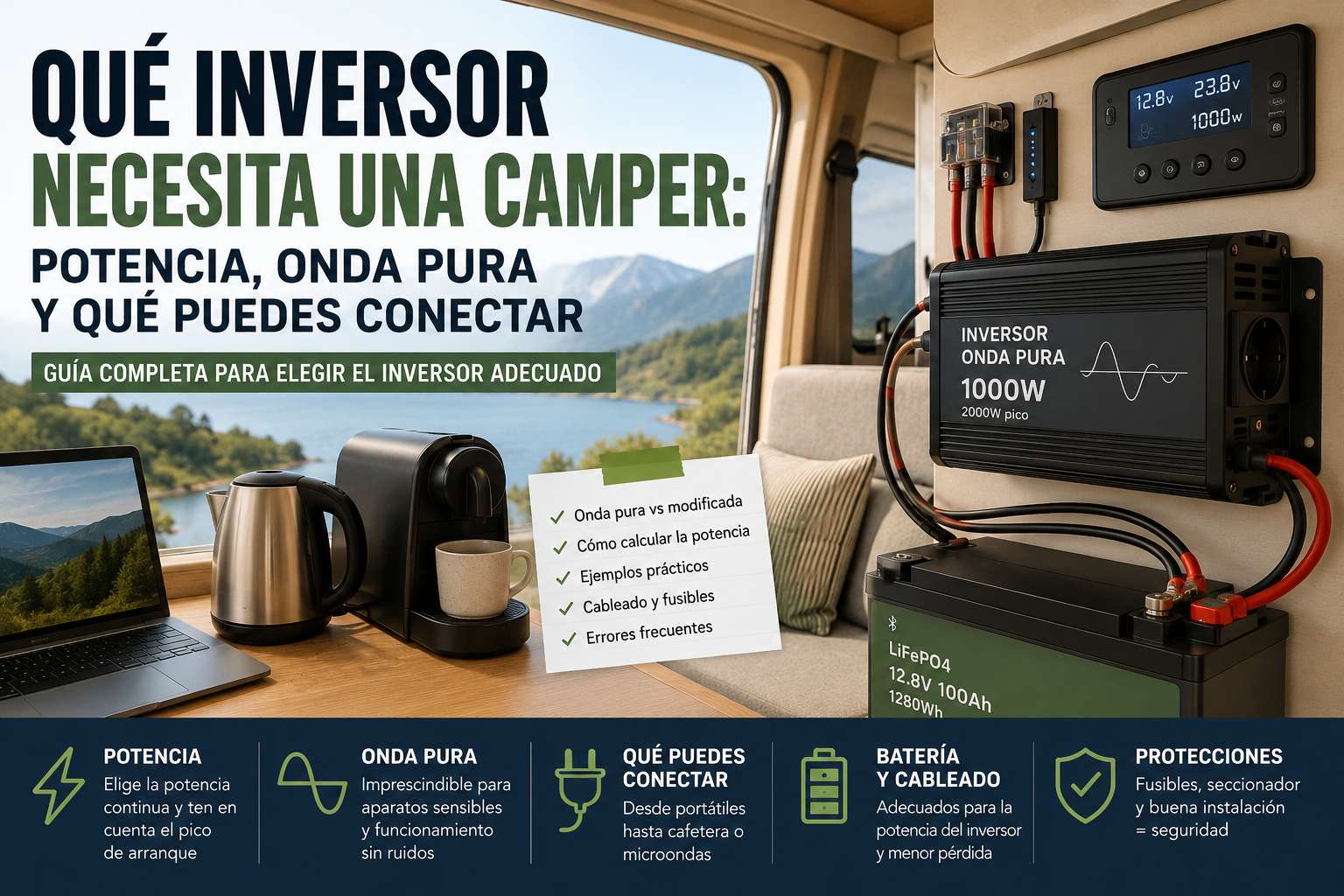 Qué inversor necesita una camper: potencia, onda pura y qué puedes conectar