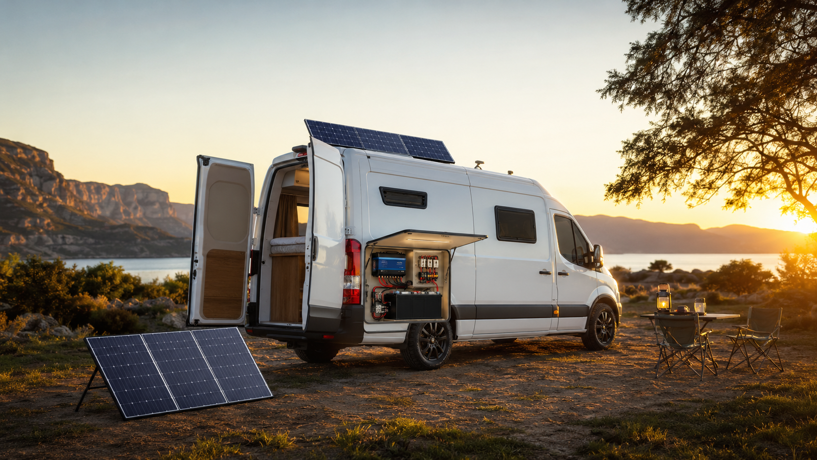 Camper con placas solares y sistema eléctrico auxiliar al atardecer