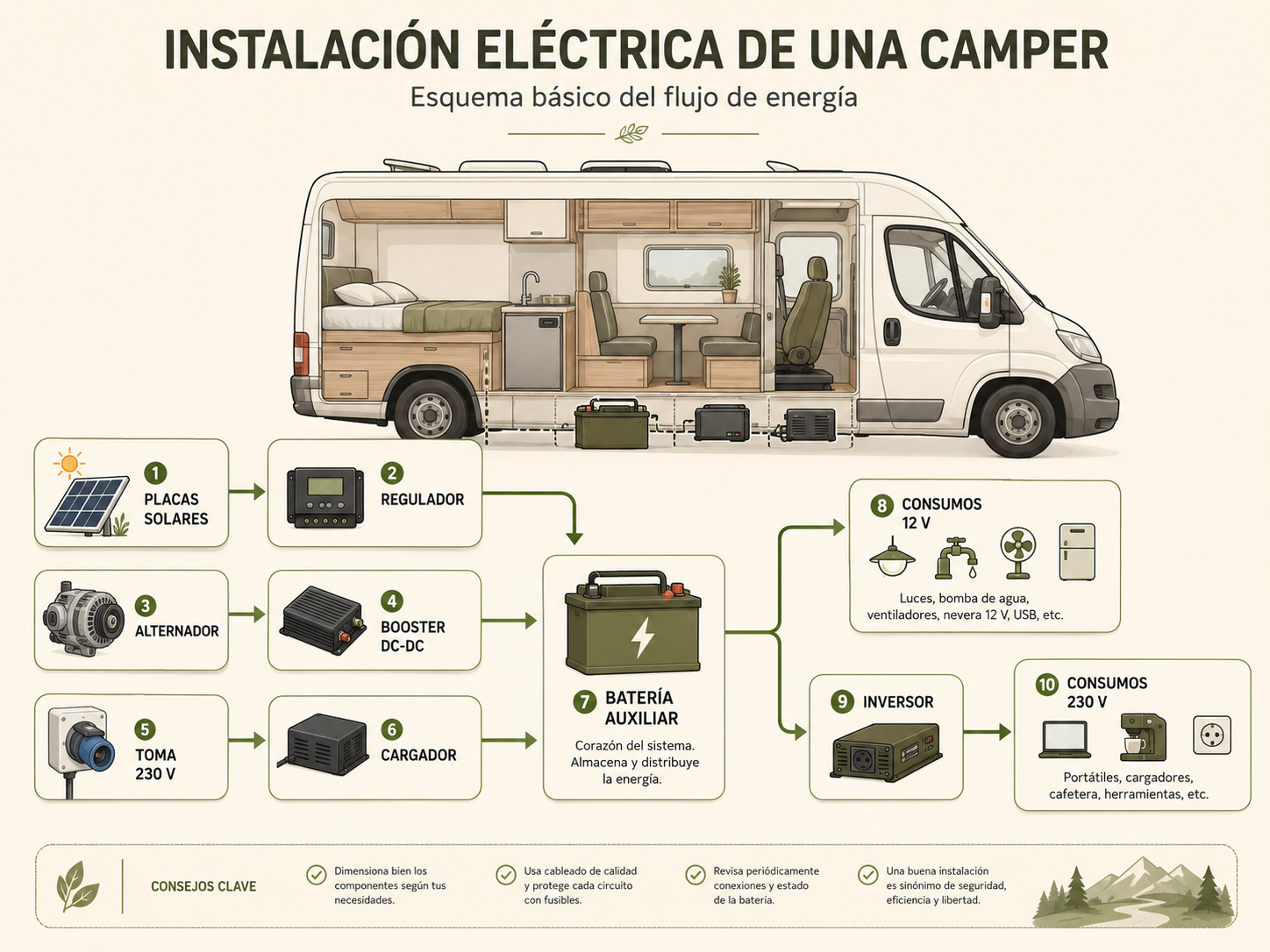 Esquema visual de la instalación eléctrica de una camper con batería, placas solares, regulador, inversor y consumos