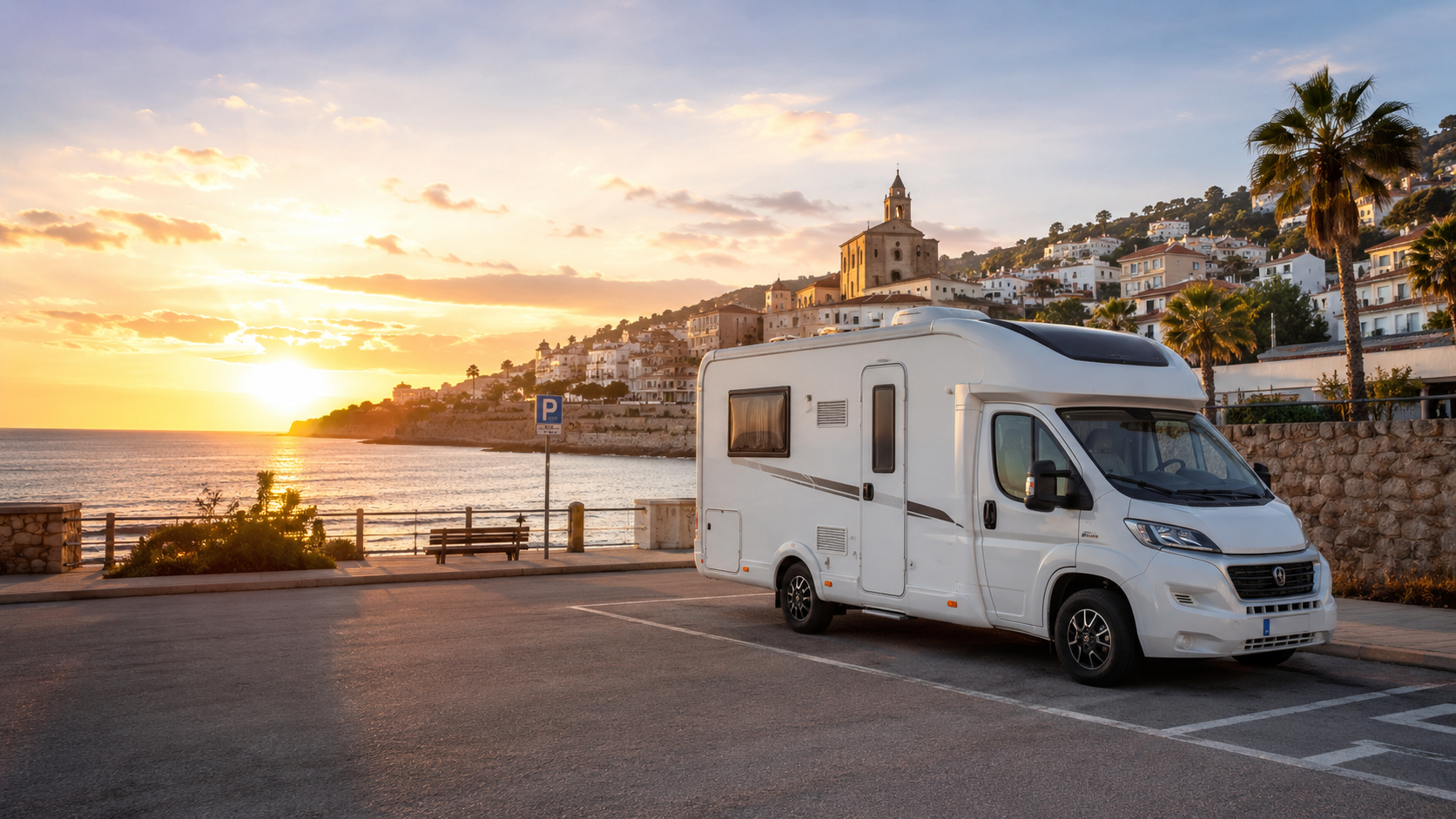 Autocaravana estacionada junto al mar al atardecer en una zona urbana