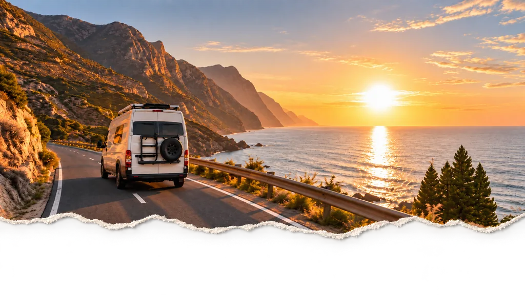 Camper circulando por una carretera costera al atardecer
